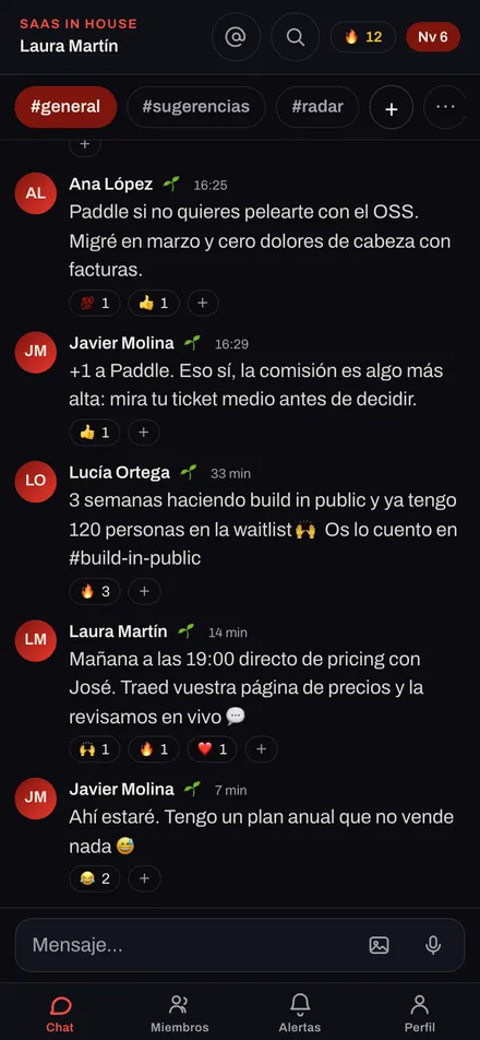 Chat de la comunidad en la app de SaaS in House